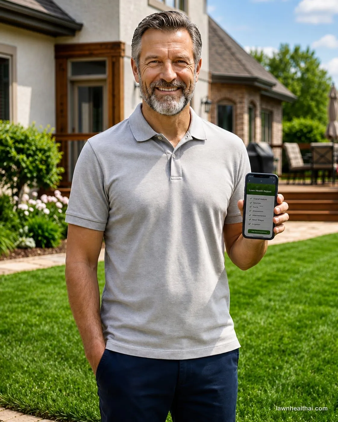 Suburban homeowner standing on a healthy green lawn in front of a house, holding a phone showing a lawn assessment checklist