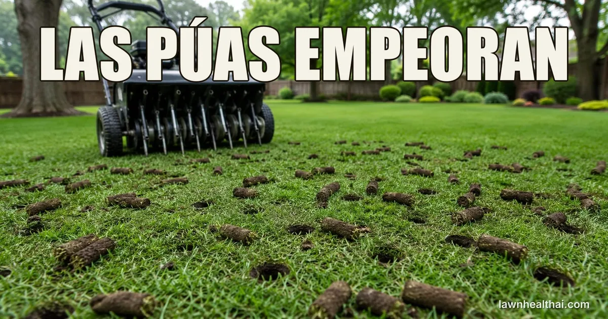 Un aireador de núcleos de empuje con púas huecas visibles sobre un césped sembrado de tapones cilíndricos de tierra, y agujeros limpios y abiertos con los bordes sin aplastar dejados en el césped, con las palabras “LAS PÚAS EMPEORAN” dispuestas en la parte superior del encuadre