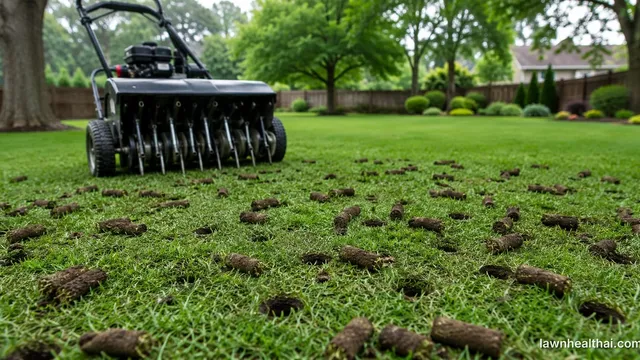 A walk-behind core aerator with visible hollow tines on a lawn scattered with cylindrical soil plugs, and clean open holes with uncrushed edges left in the turf