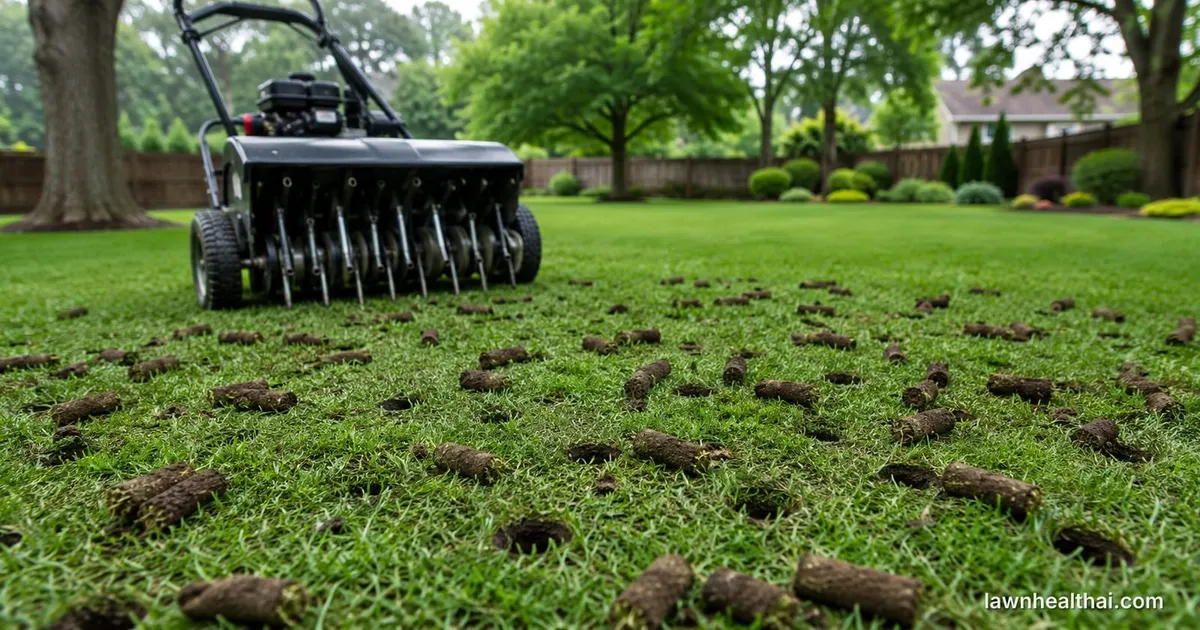A walk-behind core aerator with visible hollow tines on a lawn scattered with cylindrical soil plugs, and clean open holes with uncrushed edges left in the turf