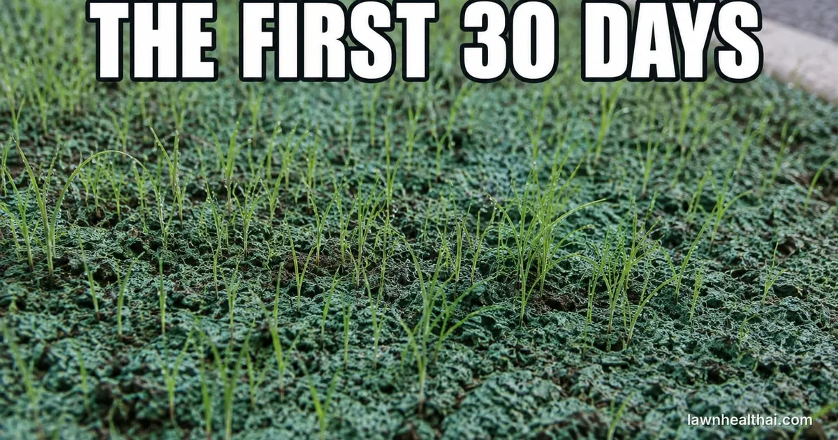 Fine pale-green grass seedlings emerging unevenly through a faded green hydroseed mulch crust, water droplets clinging to the young blades after a light watering, the edge of a paved path visible at the top corner, and the words “The First 30 Days” set across the top