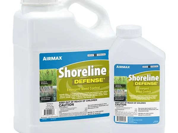 Airmax Shoreline Defense Emergent Weed Control, 1 cuarto de galón — fotografía de producto del herbicida sistémico con etiqueta acuática sobre fondo liso