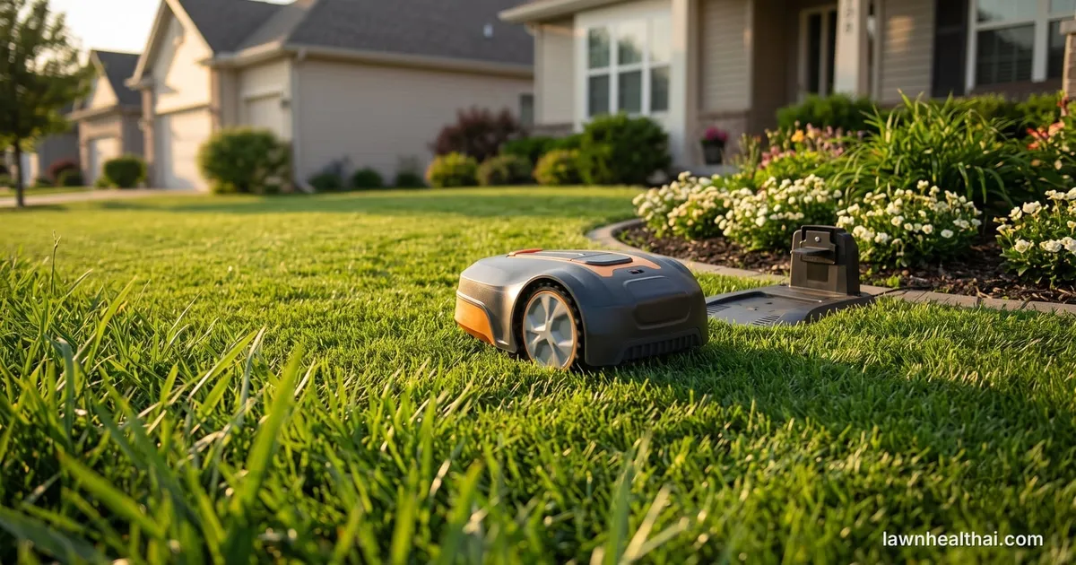 A small robotic lawn mower working across a suburban front lawn, with its charging dock visible at the edge of the grass near a flower bed