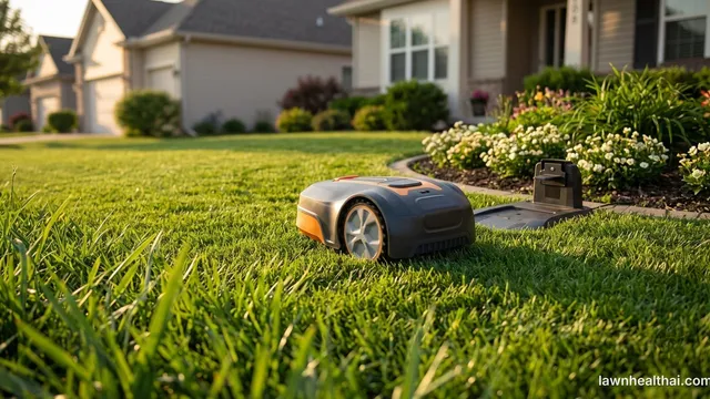 A small robotic lawn mower working across a suburban front lawn, with its charging dock visible at the edge of the grass near a flower bed