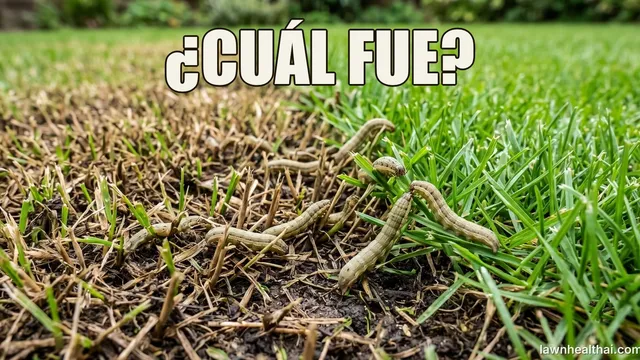 Vista cercana de un césped siendo comido por orugas pálidas con rayas, con un límite nítido entre la hierba marrón cortada al ras y la hierba verde intacta a su lado, con las palabras “¿CUÁL FUE?” dispuestas en la parte superior del encuadre