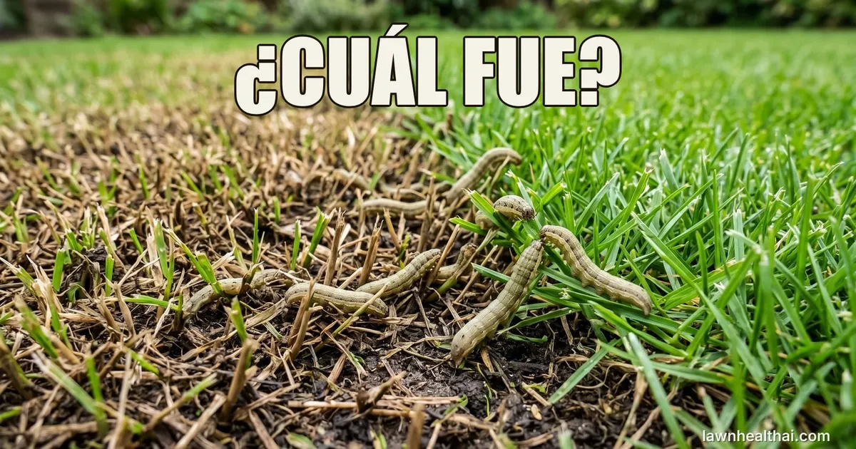 Vista cercana de un césped siendo comido por orugas pálidas con rayas, con un límite nítido entre la hierba marrón cortada al ras y la hierba verde intacta a su lado, con las palabras “¿CUÁL FUE?” dispuestas en la parte superior del encuadre