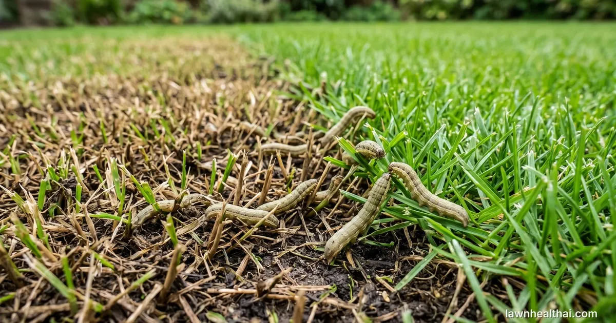 A close view of turf being eaten by pale striped caterpillars, with a sharp boundary between closely cropped brown grass and untouched green grass beside it — Florida