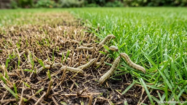 A close view of turf being eaten by pale striped caterpillars, with a sharp boundary between closely cropped brown grass and untouched green grass beside it