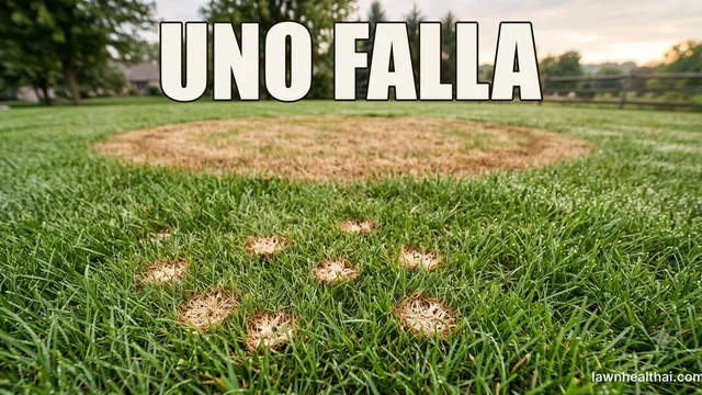 Un césped mostrando las dos enfermedades a la vez: un gran parche circular color canela de varios pies de ancho a media distancia, y en primer plano una dispersión de manchas pequeñas color paja del tamaño de una moneda, con una cerca de travesaños y árboles detrás, con las palabras “UNO FALLA” dispuestas en la parte superior del encuadre
