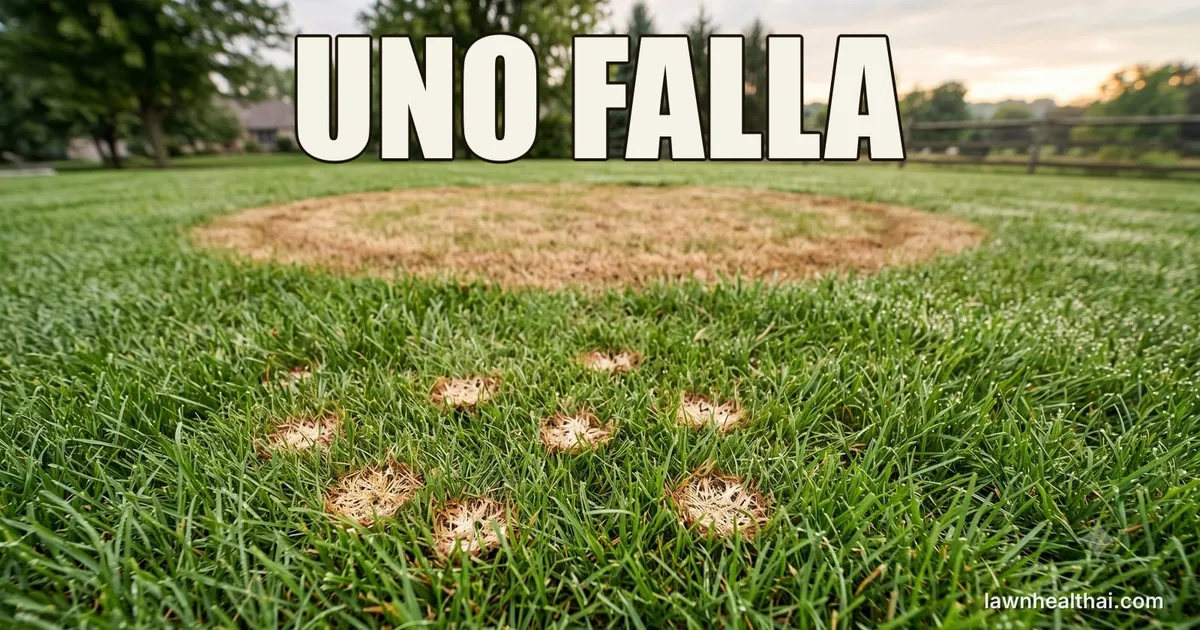 Un césped mostrando las dos enfermedades a la vez: un gran parche circular color canela de varios pies de ancho a media distancia, y en primer plano una dispersión de manchas pequeñas color paja del tamaño de una moneda, con una cerca de travesaños y árboles detrás, con las palabras “UNO FALLA” dispuestas en la parte superior del encuadre