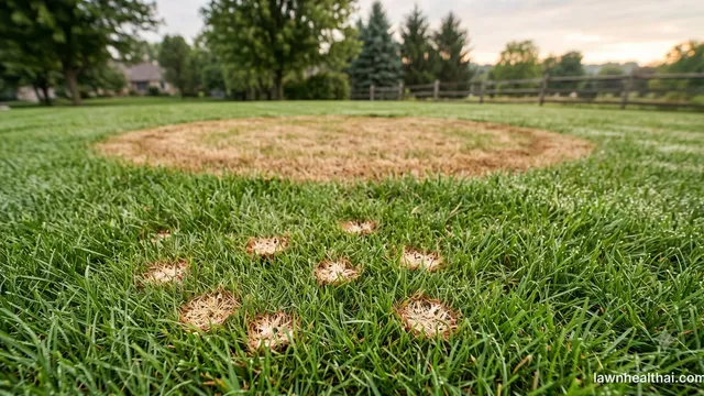 A lawn showing both diseases at once: a large tan circular patch several feet across in the middle distance, and in the foreground a scattering of small straw-coloured spots about the size of a coin, with a split-rail fence and trees behind
