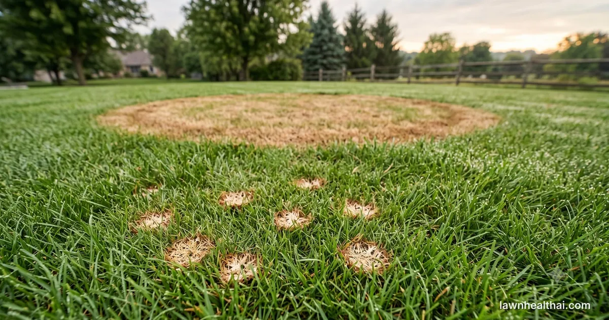 A lawn showing both diseases at once: a large tan circular patch several feet across in the middle distance, and in the foreground a scattering of small straw-coloured spots about the size of a coin, with a split-rail fence and trees behind