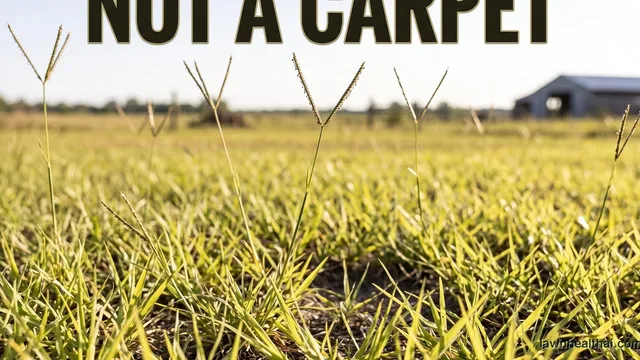 A close view of coarse light-green bahiagrass with an open thin canopy and several tall wiry seedheads rising above the blades, each splitting into two or three spikes in a distinct Y shape against a bright sky, a farm shed on the horizon behind, and the words “Not a Carpet” set across the top of the frame