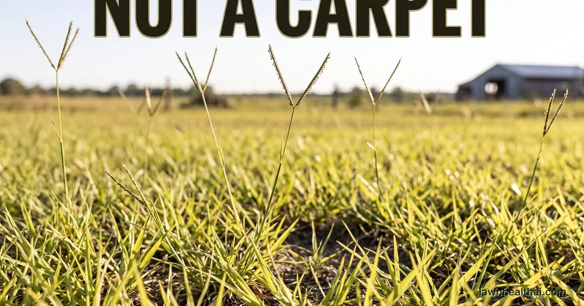 A close view of coarse light-green bahiagrass with an open thin canopy and several tall wiry seedheads rising above the blades, each splitting into two or three spikes in a distinct Y shape against a bright sky, a farm shed on the horizon behind, and the words “Not a Carpet” set across the top of the frame