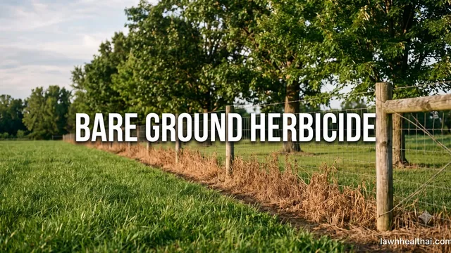 A wire fence line on rural acreage with a sprayed strip of dead brown vegetation beneath it, green pasture on one side and a row of mature trees close behind, with the words Bare Ground Herbicide set across the image