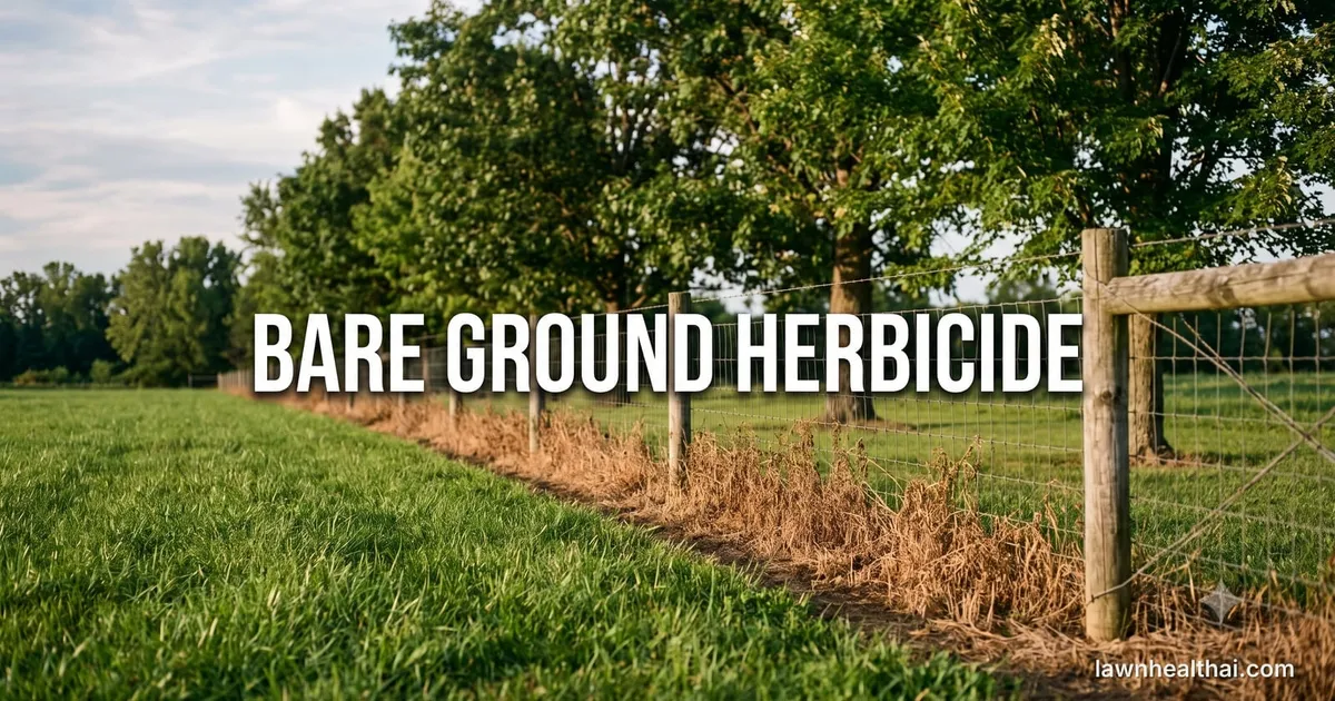 A wire fence line on rural acreage with a sprayed strip of dead brown vegetation beneath it, green pasture on one side and a row of mature trees close behind, with the words Bare Ground Herbicide set across the image