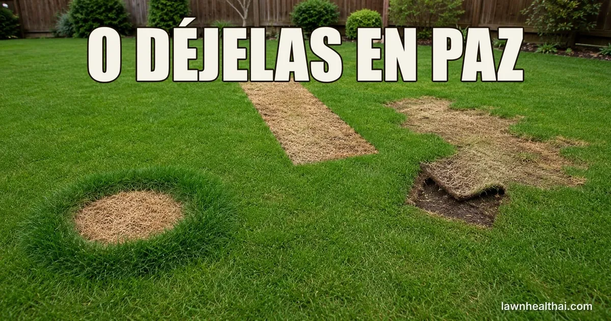 Tres zonas dañadas de formas distintas en un mismo césped: una mancha circular nítida de color pajizo rodeada por hierba más oscura y alta, una franja muerta rectangular de bordes rectos, y una zona irregular con una esquina de césped levantada hasta la tierra desnuda, con las palabras “O DÉJELAS EN PAZ” dispuestas en la parte superior del encuadre