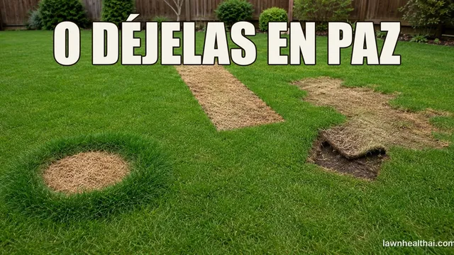 Tres zonas dañadas de formas distintas en un mismo césped: una mancha circular nítida de color pajizo rodeada por hierba más oscura y alta, una franja muerta rectangular de bordes rectos, y una zona irregular con una esquina de césped levantada hasta la tierra desnuda, con las palabras “O DÉJELAS EN PAZ” dispuestas en la parte superior del encuadre