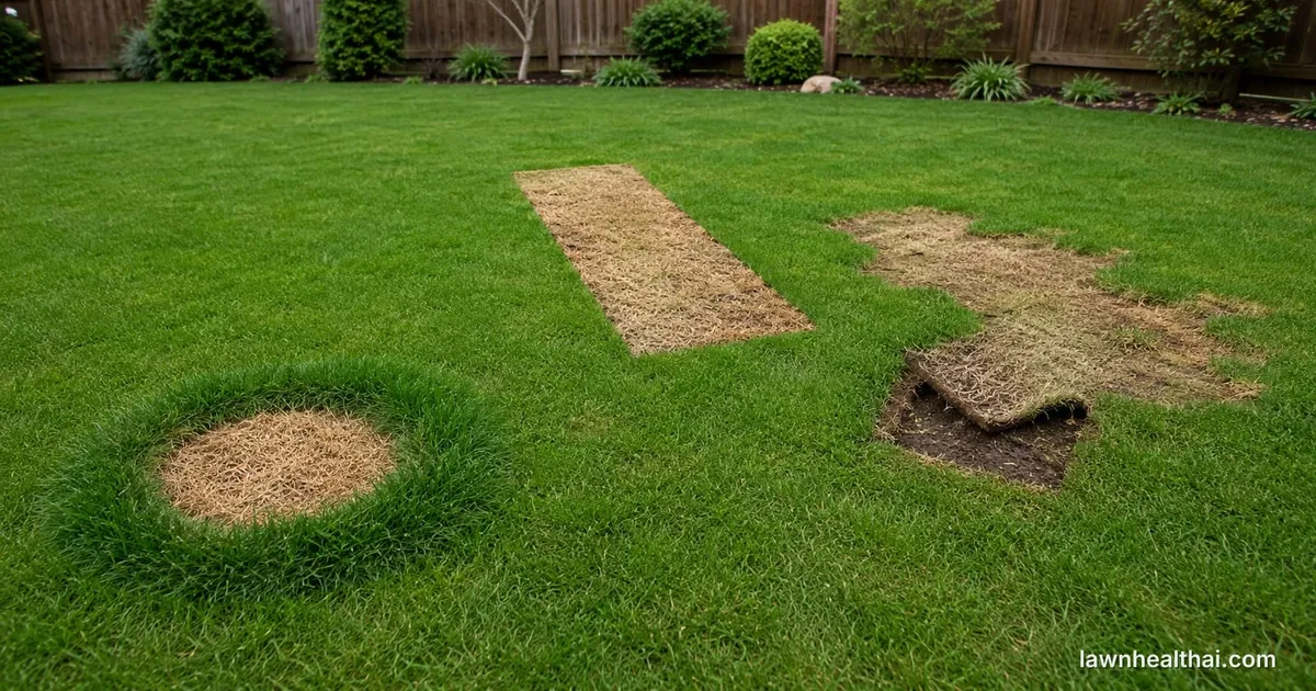 Three differently shaped damaged areas in one lawn: a sharply circular straw-brown patch ringed by darker taller grass, a straight-edged rectangular dead strip, and an irregular area with a corner of turf peeled back to bare soil