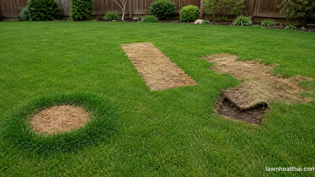 Three differently shaped damaged areas in one lawn: a sharply circular straw-brown patch ringed by darker taller grass, a straight-edged rectangular dead strip, and an irregular area with a corner of turf peeled back to bare soil