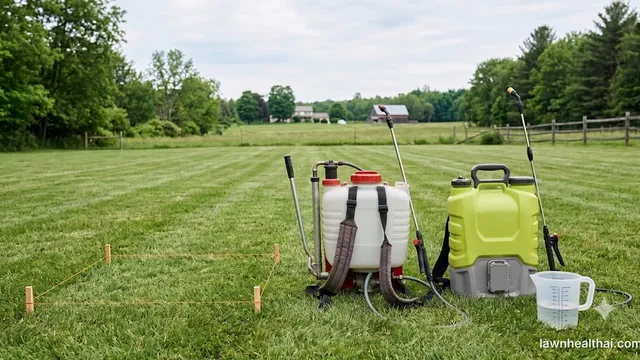 A manual lever-pump backpack sprayer and a battery-powered backpack sprayer standing side by side on a lawn beside a measuring jug and a marked-out calibration square