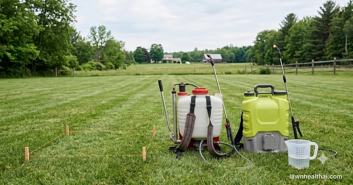 A manual lever-pump backpack sprayer and a battery-powered backpack sprayer standing side by side on a lawn beside a measuring jug and a marked-out calibration square