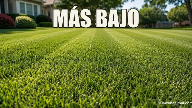 Un césped Bermuda denso y de textura fina, cortado bajo, con franjas de corte visibles bajo un sol intenso, con las palabras “MÁS BAJO” dispuestas en la parte superior del encuadre