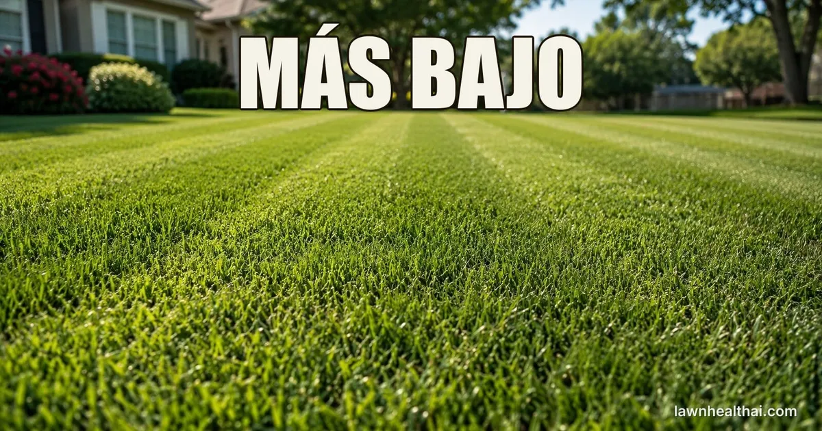 Un césped Bermuda denso y de textura fina, cortado bajo, con franjas de corte visibles bajo un sol intenso, con las palabras “MÁS BAJO” dispuestas en la parte superior del encuadre