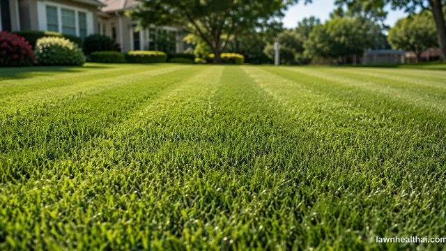 A dense, finely textured Bermuda grass lawn mown low with visible mowing stripes in bright sunlight