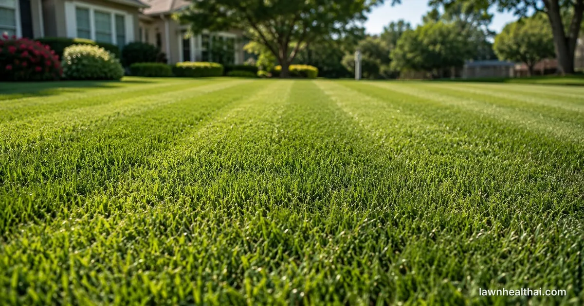 A dense, finely textured Bermuda grass lawn mown low with visible mowing stripes in bright sunlight