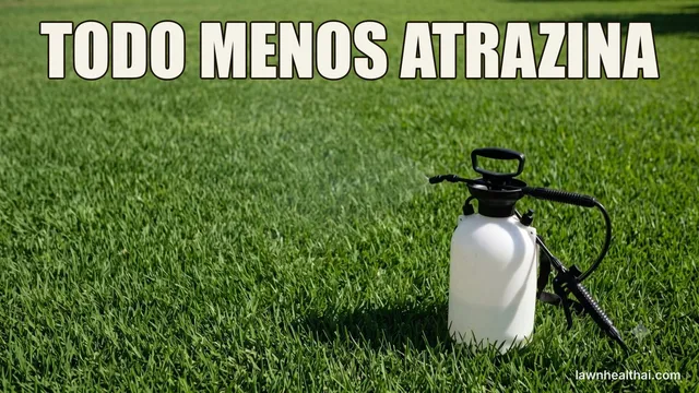 Un pulverizador de bomba de mano, blanco y sin marca, de pie sobre un césped de bermuda denso y bien cortado bajo el sol, soltando una fina niebla de herbicida selectivo, con las palabras “TODO MENOS ATRAZINA” dispuestas en la parte superior del encuadre