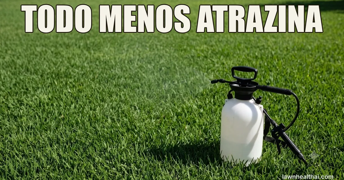 Un pulverizador de bomba de mano, blanco y sin marca, de pie sobre un césped de bermuda denso y bien cortado bajo el sol, soltando una fina niebla de herbicida selectivo, con las palabras “TODO MENOS ATRAZINA” dispuestas en la parte superior del encuadre