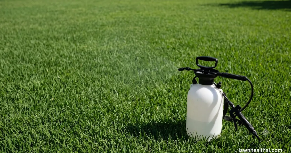 Pump sprayer applying selective herbicide to a Bermuda grass lawn