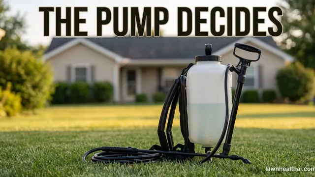 A four-gallon backpack sprayer standing on a mown lawn with its wand and pump lever visible and the translucent tank half full, with the words “The Pump Decides” set across the top of the frame