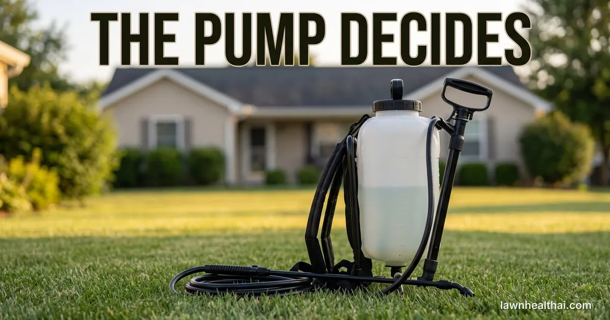 A four-gallon backpack sprayer standing on a mown lawn with its wand and pump lever visible and the translucent tank half full, with the words “The Pump Decides” set across the top of the frame