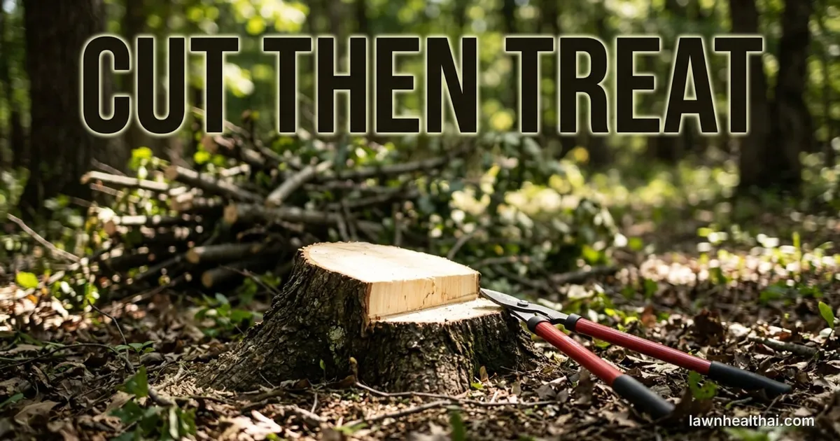 A freshly cut thick-barked tree stump at ground level in a wooded property edge, its pale cut face still bright, a pair of red-handled loppers lying against it and cut brush stacked behind, with the words “Cut Then Treat” set across the top of the frame