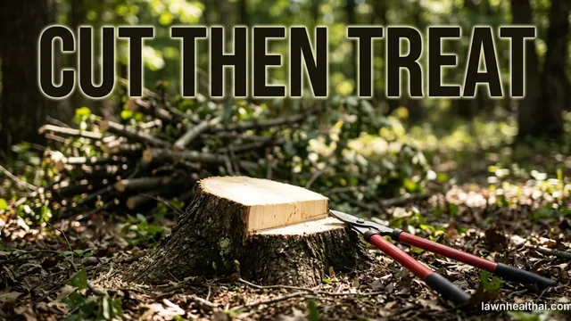 A freshly cut thick-barked tree stump at ground level in a wooded property edge, its pale cut face still bright, a pair of red-handled loppers lying against it and cut brush stacked behind, with the words “Cut Then Treat” set across the top of the frame