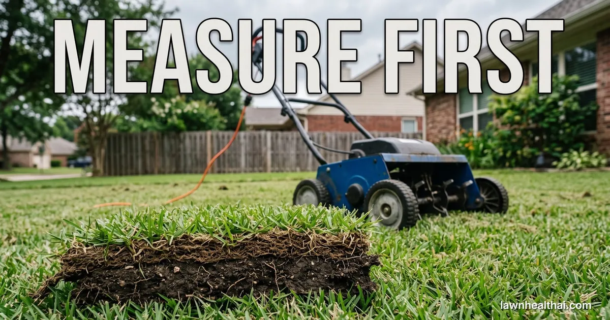 A corded electric dethatcher on a lawn beside a wedge of cut sod showing the brown thatch band between grass and soil, with the words “Measure First” set across the top of the frame