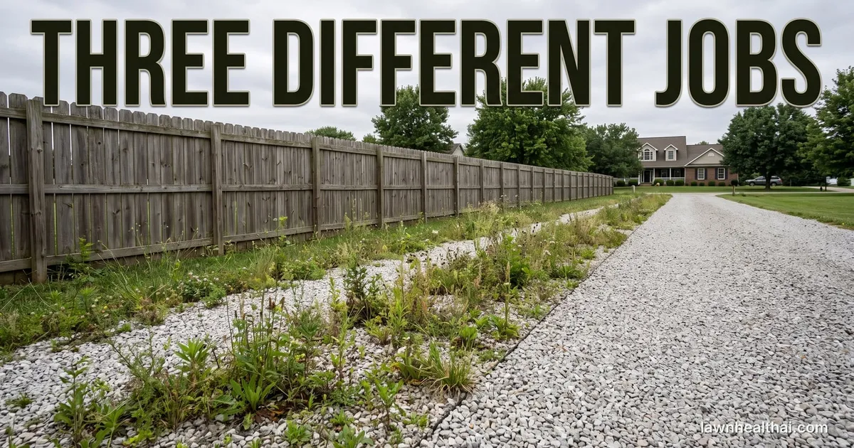 A gravel driveway edge and fence line with weeds growing through the stone on one side and cleared bare gravel on the other, the contrast running down the middle of the frame, with the words “Three Different Jobs” set across the top