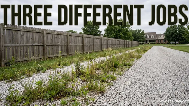 A gravel driveway edge and fence line with weeds growing through the stone on one side and cleared bare gravel on the other, the contrast running down the middle of the frame, with the words “Three Different Jobs” set across the top