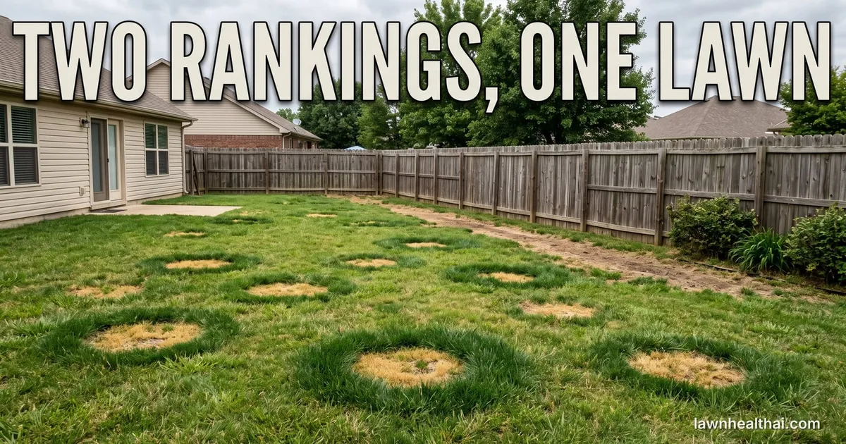 A green lawn with several distinct yellow-brown urine spots ringed by darker green grass, a worn path running along a fence line behind them, with the words “Two Rankings, One Lawn” set across the top of the frame