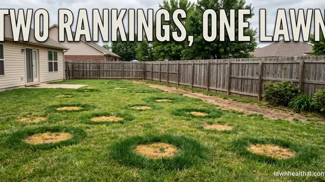 A green lawn with several distinct yellow-brown urine spots ringed by darker green grass, a worn path running along a fence line behind them, with the words “Two Rankings, One Lawn” set across the top of the frame