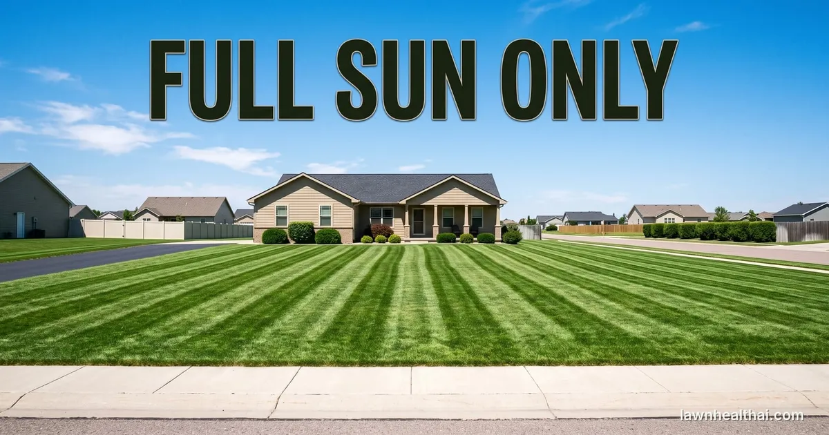 An open, treeless front lawn in bright midday sun with sharp mower stripes running across it and no shadow anywhere on the turf, the words “Full Sun Only” set across the top of the frame