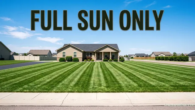 An open, treeless front lawn in bright midday sun with sharp mower stripes running across it and no shadow anywhere on the turf, the words “Full Sun Only” set across the top of the frame