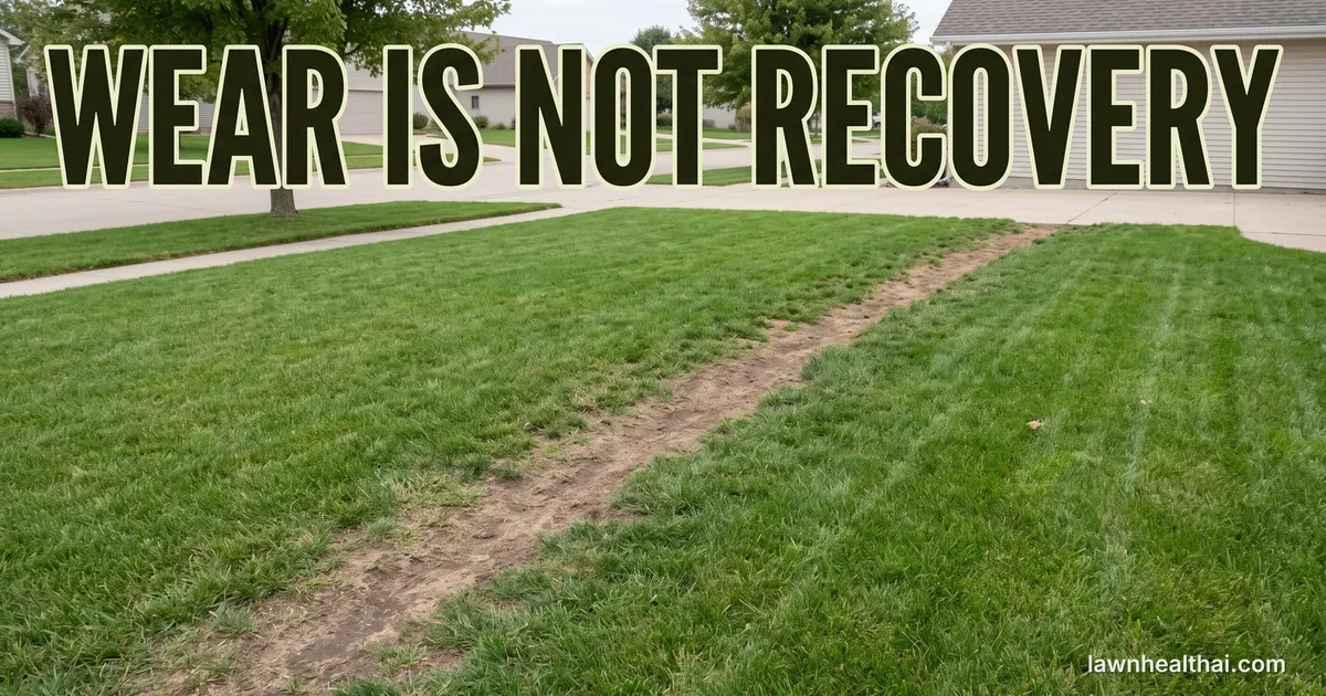 A worn dirt path cut diagonally across an otherwise green lawn where people repeatedly walk, the bare line clearly visible between the turf edges, with the words “Wear Is Not Recovery” set across the top of the frame
