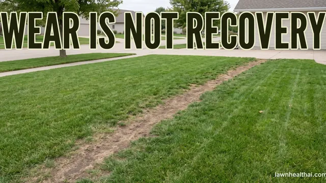 A worn dirt path cut diagonally across an otherwise green lawn where people repeatedly walk, the bare line clearly visible between the turf edges, with the words “Wear Is Not Recovery” set across the top of the frame