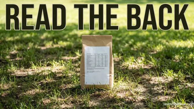 A plain kraft-paper grass seed bag standing upright in thin, patchy turf where bare soil shows between the blades, its white back label carrying rows of small unreadable type in the shape of a seed analysis table, with the words “Read the Back” set across the top