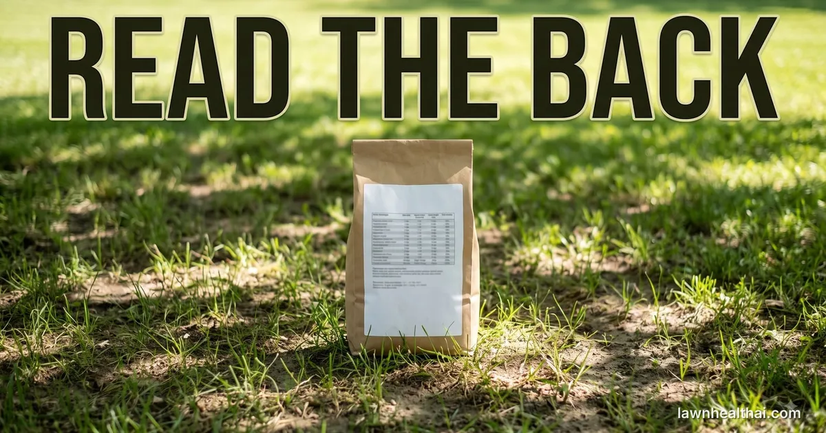 A plain kraft-paper grass seed bag standing upright in thin, patchy turf where bare soil shows between the blades, its white back label carrying rows of small unreadable type in the shape of a seed analysis table, with the words “Read the Back” set across the top