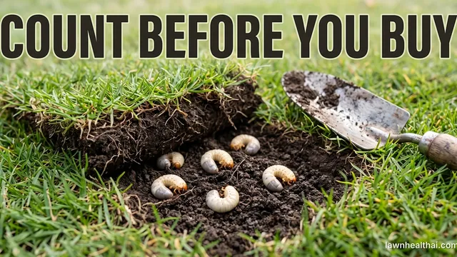 A square of lawn sod peeled back to expose pale C-shaped white grubs in the soil beneath, a trowel resting alongside, with the words “Count Before You Buy” set across the top of the frame