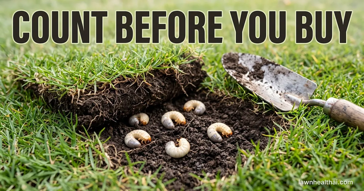 A square of lawn sod peeled back to expose pale C-shaped white grubs in the soil beneath, a trowel resting alongside, with the words “Count Before You Buy” set across the top of the frame